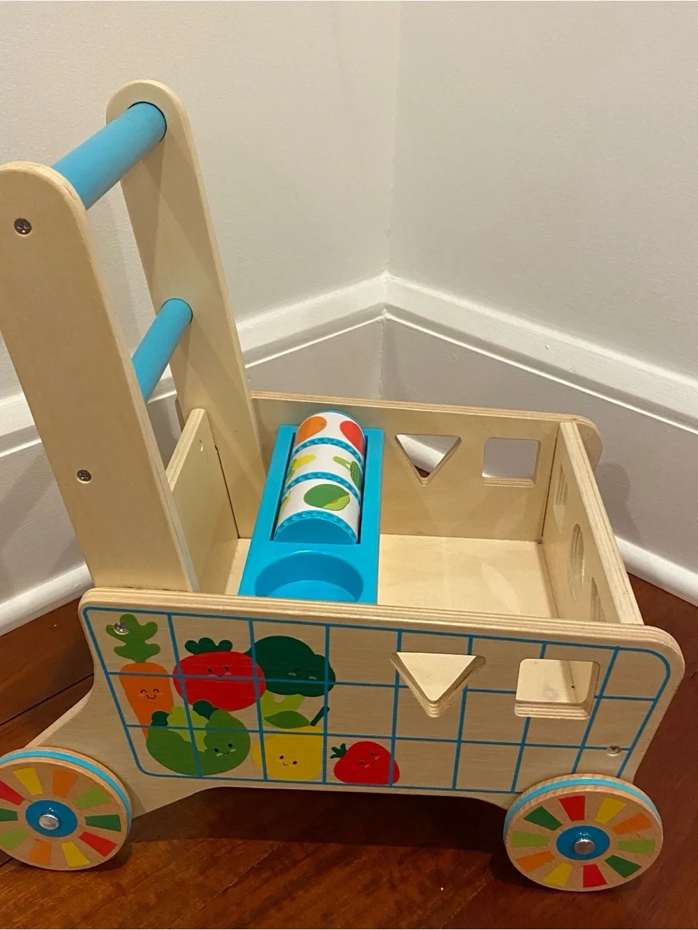 Wooden Melissa & Doug Push Shopping Cart Walker in Natural and Blue for Kids